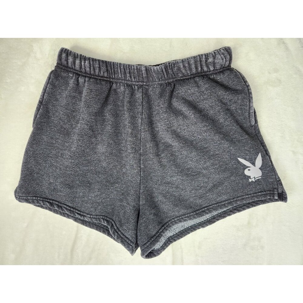 Playboy Shorts Women's Size Large Elastic Waist Black Sweat Pockets‎ Bunny